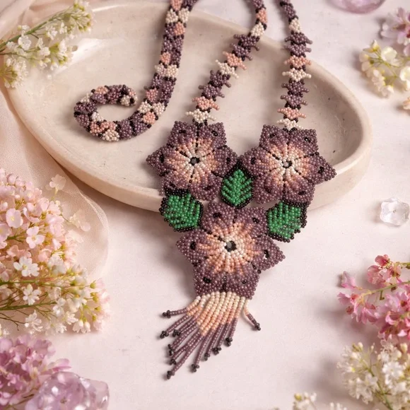 Handmade Beaded Floral Statement Necklace Mauve Pink Green Artisan Jewelry - Picture 7 of 7